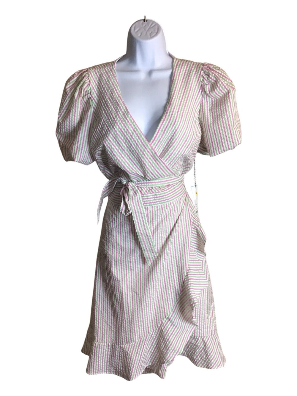 Draper James RSVP Lrg wrap dress pink & green seersucker stripes  puff sleeves